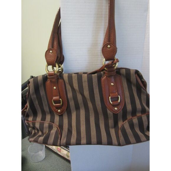 CLASSIC ETIENNE AIGNER STRIPED FABRIC & LEATHER HANDBAG,TOP ZIP OPENING PERFECT - Picture 3 of 9